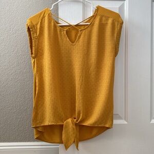 Mustard short sleeve top blouse criss cross collar front tie